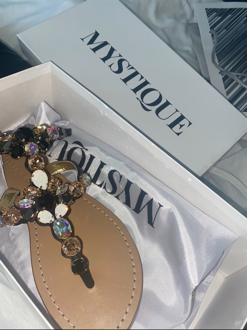 Mystique Boutique Tan Jeweled T-Strap Flats
